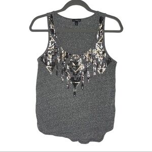 EXPRESS Gray Tank with Sequin Aztec Design S